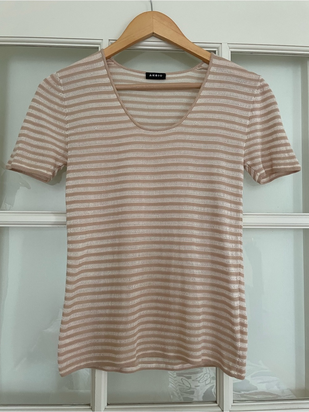 AKRIS Mainline Open-Mesh Striped Knit Scoop-Neck Cotton Silk Top Women's 4